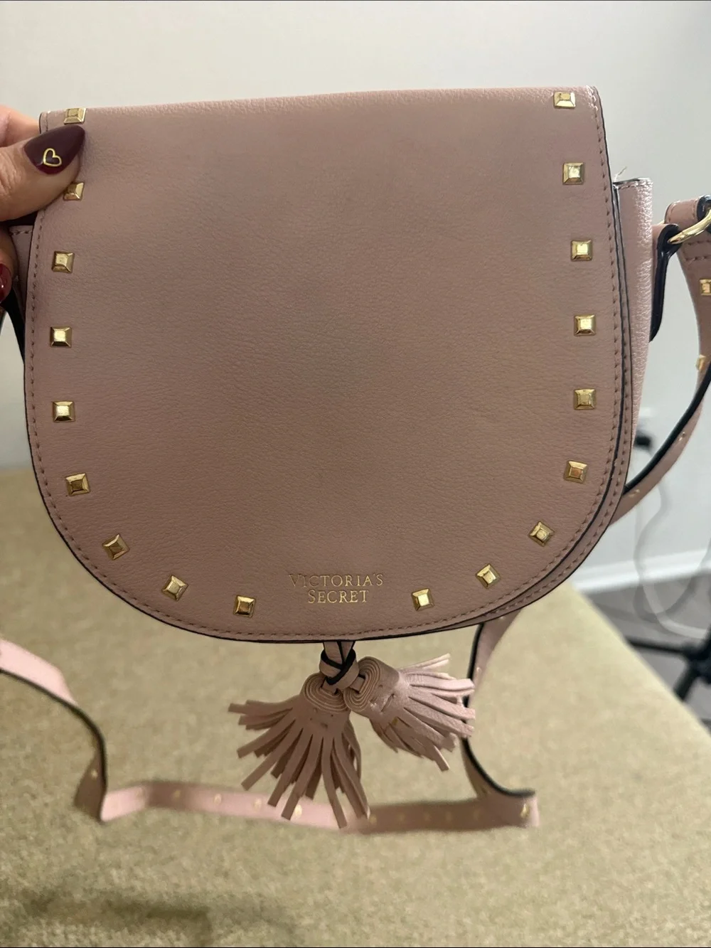 Victorias Secret Crossbody Bag Festival Pink Studded Tassels Adjustable Strap